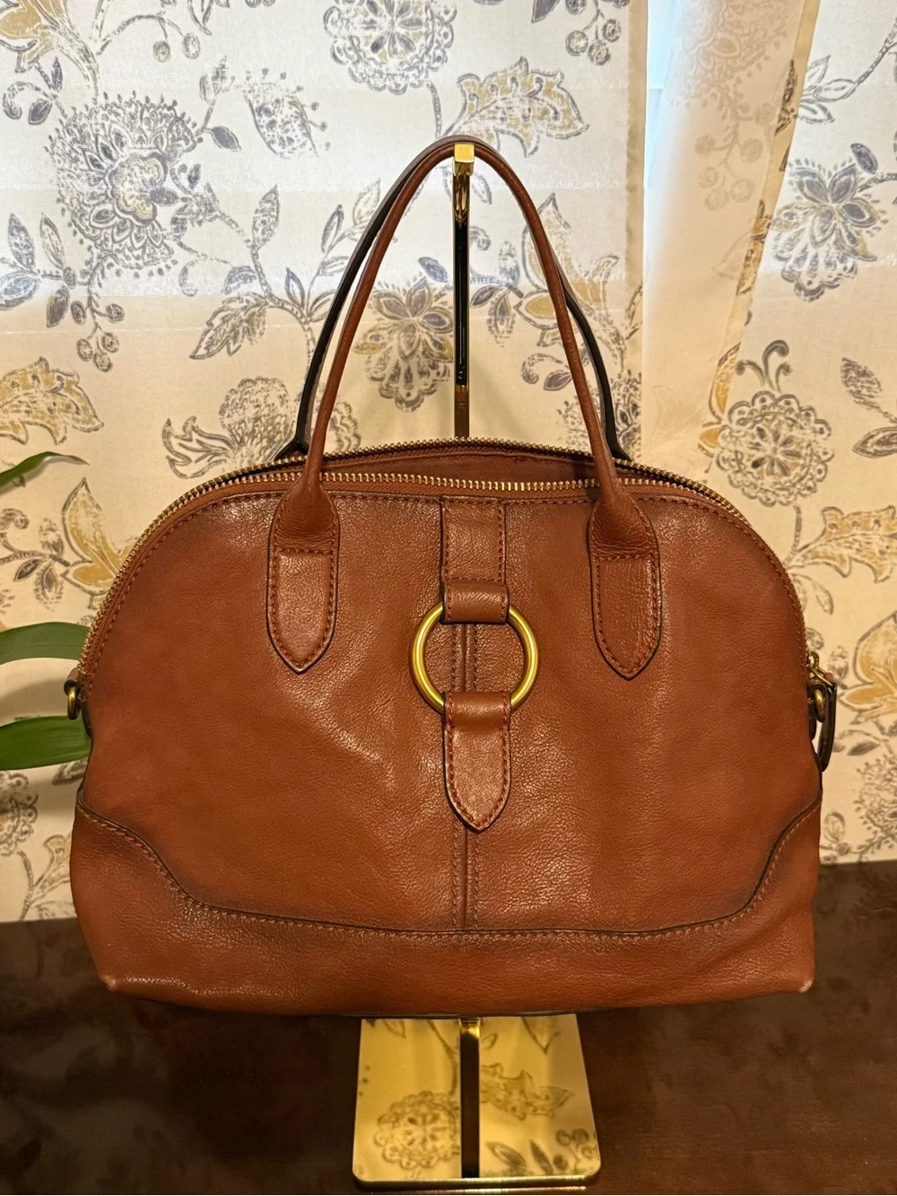 Frye Brown Leather Satchel with Brass Ring Accent
